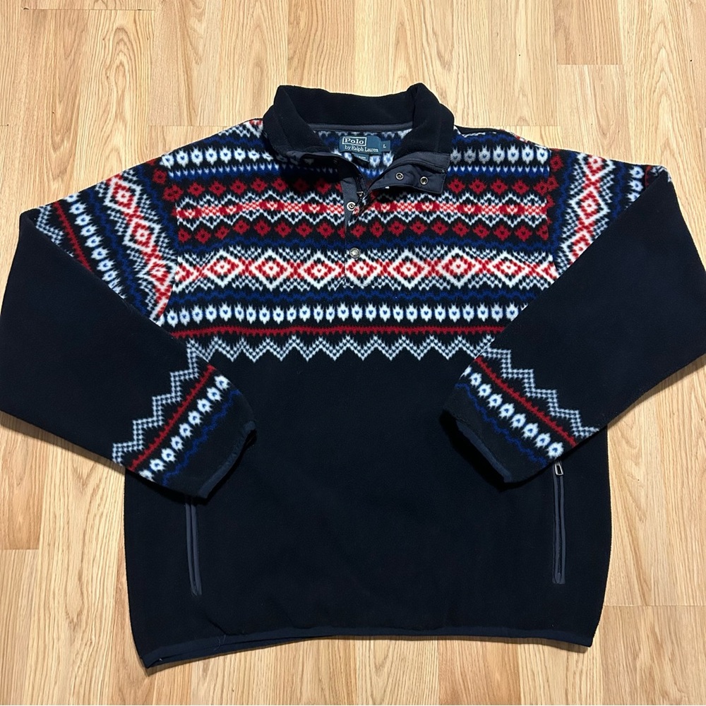 Vintage Polo Ralph Lauren Mens Sweater Large Blue Isle Pattern 1/4 Zip Nordic
